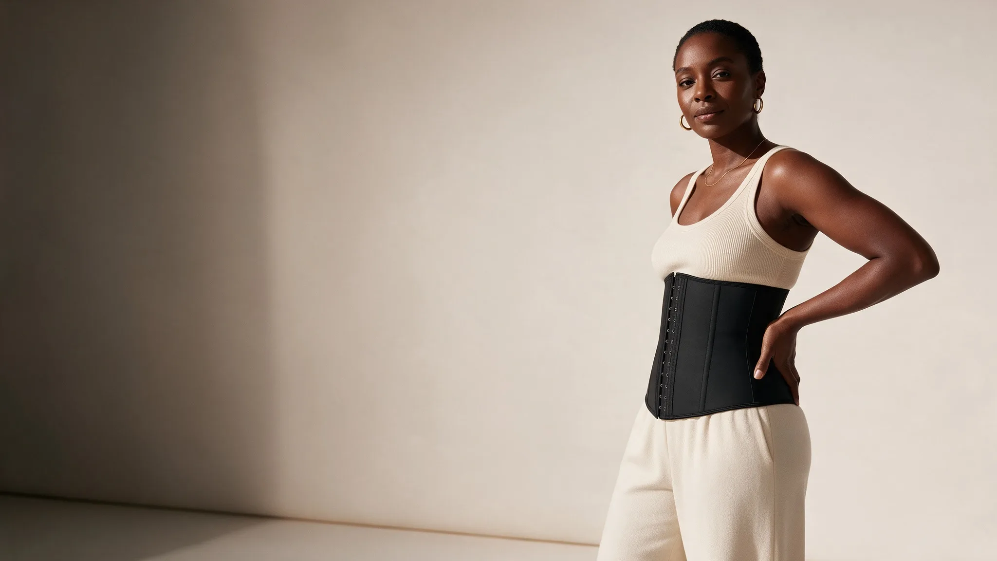 A woman in a black waist trainer worn over a cream tank and trousers, standing against a warm studio wall
